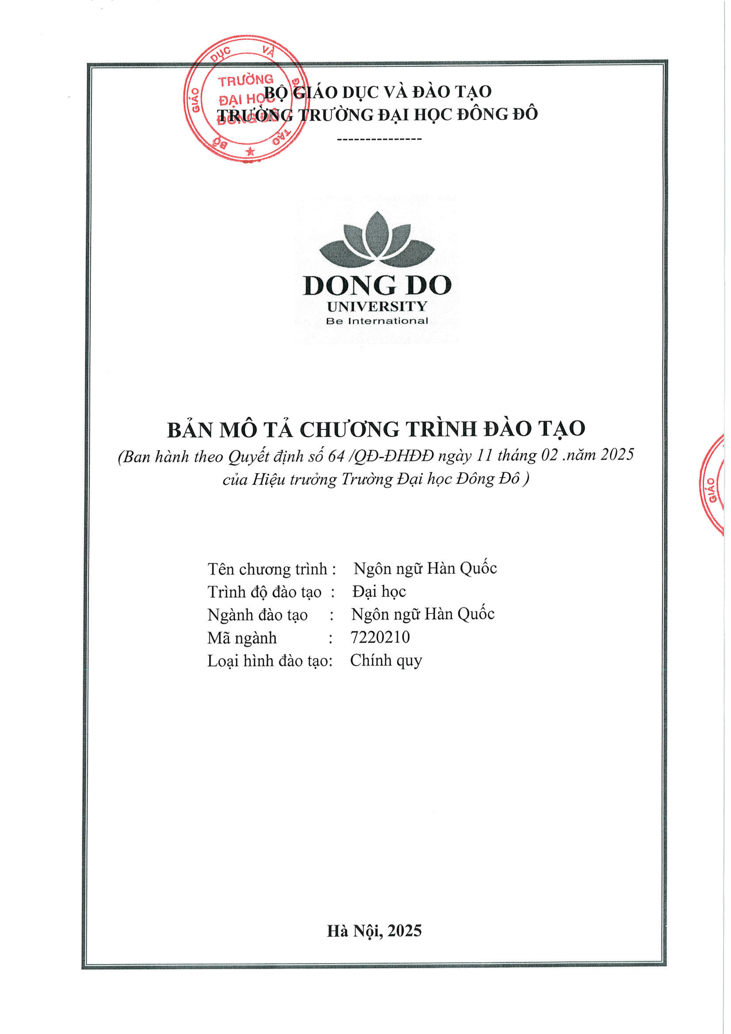 Bản mô tả chương trình đào tạo ngành Ngôn ngữ Hàn Quốc